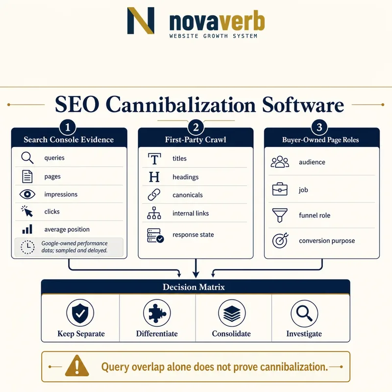 Cannibalization review combining Search Console evidence, first-party crawl fields and buyer-owned page roles before keep, differentiate, consolidate or investigate decisions