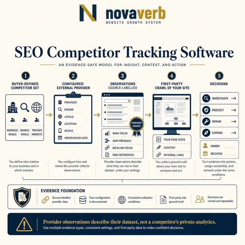 Competitor tracking workflow from buyer-defined rival sets and configured provider settings through source-labelled observations, owned-site crawl evidence and decisions