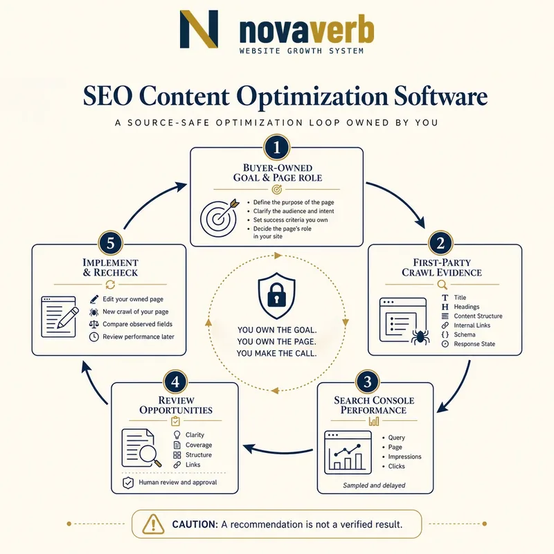 Content optimization loop connecting buyer-owned page goals, first-party crawl evidence, Search Console performance, human-reviewed opportunities and rechecks