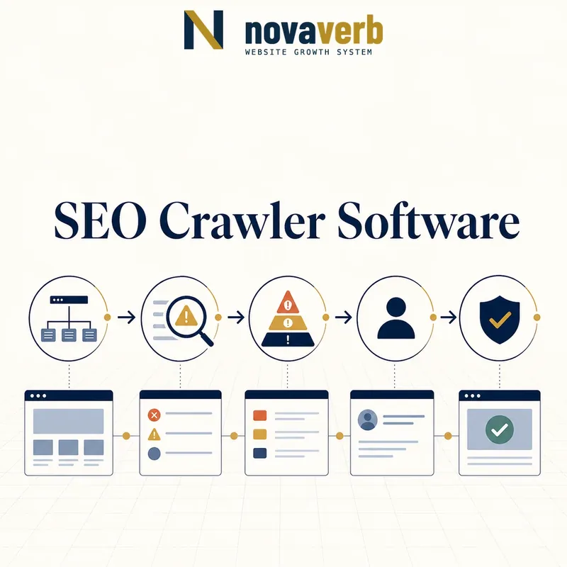 Technical SEO workflow moving from website crawl through issue scope and prioritization to an owner and verified result