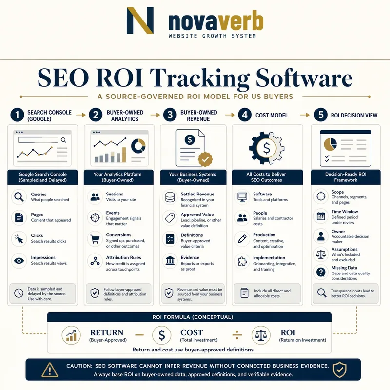 SEO ROI model connecting Search Console performance, buyer-owned analytics, approved revenue definitions, complete costs and a scoped decision view