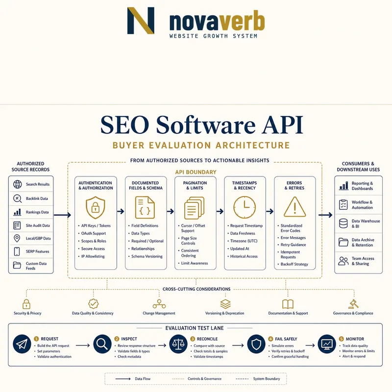 SEO software API evaluation architecture covering authorization, schema, pagination, limits, timestamps, errors, downstream uses and testing