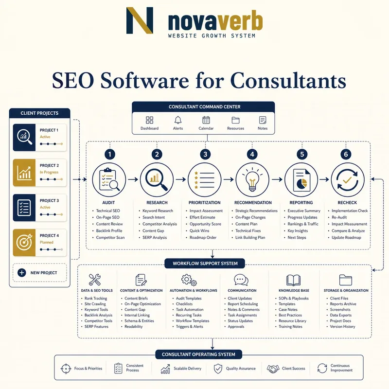 Consultant SEO operating framework connecting client projects to audit, research, prioritization, recommendations, reporting and verification