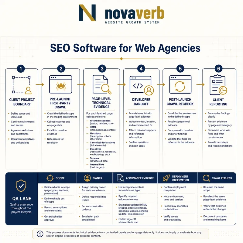 Web agency SEO delivery framework covering project scope, pre-launch crawl, page evidence, developer handoff, post-launch recheck and client reporting
