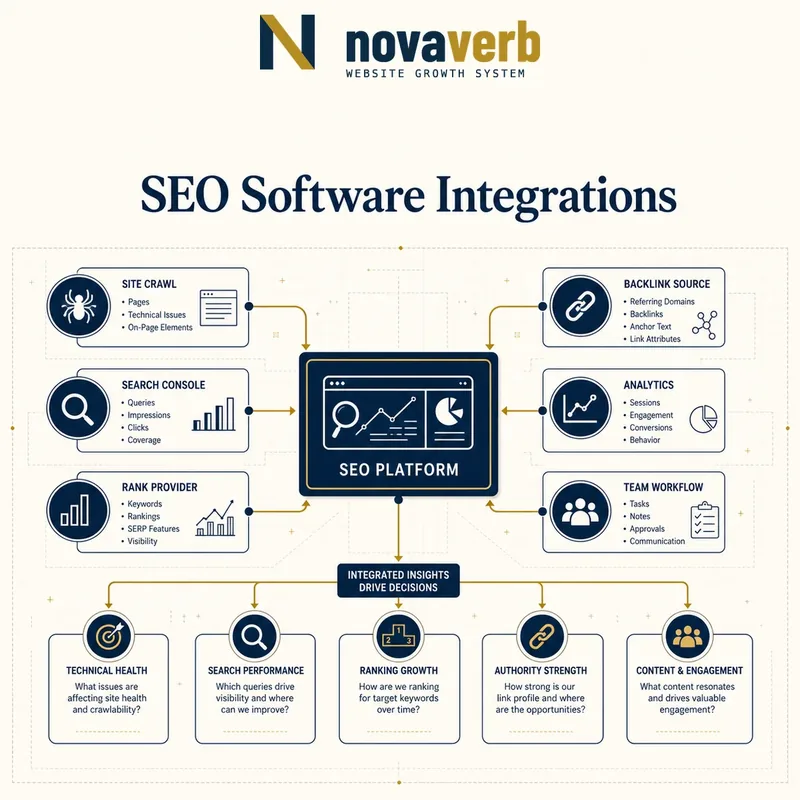 SEO software integration map connecting site crawl, Search Console, rank provider, backlink source, analytics and team workflow to scoped decisions
