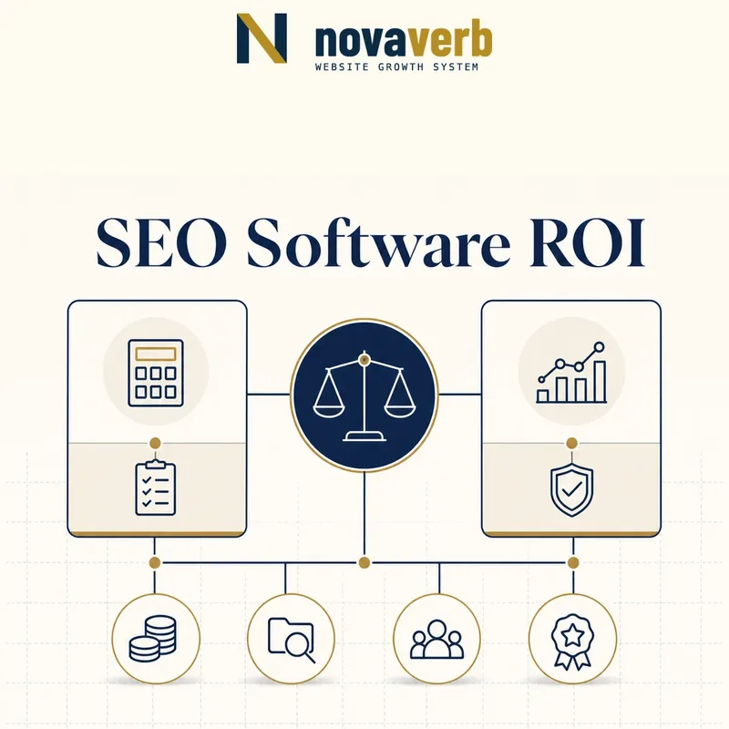 Balanced SEO software buying model comparing total operating cost with evidence access, team adoption and verified workflow value