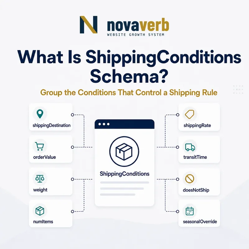 Diagram showing ShippingConditions connected to destination, order value, weight, item count, rate, transit, exclusion and seasonal override properties