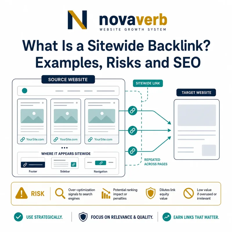 Sitewide backlink diagram showing one footer template repeating the same external link across many source pages