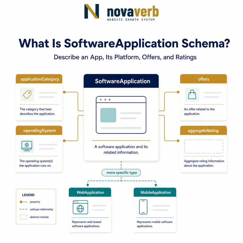 Diagram showing SoftwareApplication connected to its category, operating system, offers, aggregate rating and more specific app types