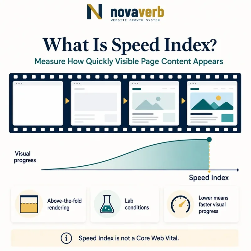 Lab-test filmstrip showing visible page content progressing from blank to complete and an abstract visual-progress curve for Speed Index