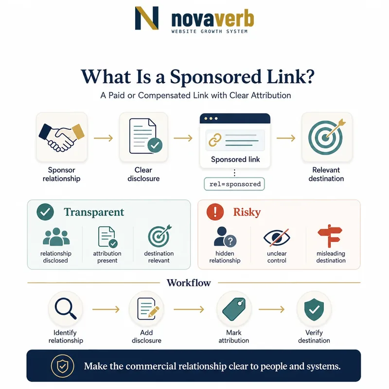 Diagram showing a sponsor relationship, clear disclosure, sponsored attribution and a relevant destination, with transparent and risky comparisons