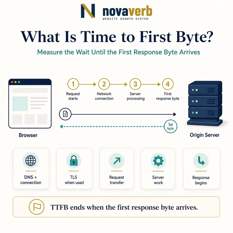 Request timeline showing network connection, server processing and the first response byte returning from an origin server to a browser