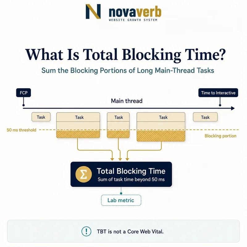Main-thread timeline showing the portions of long tasks beyond the 50 millisecond threshold summed into Total Blocking Time