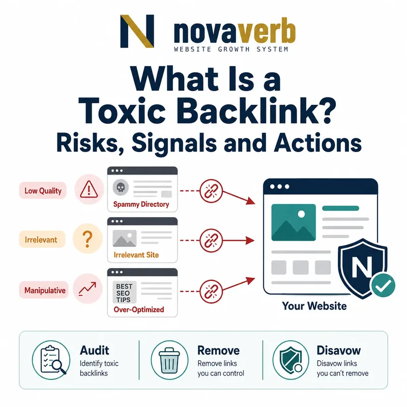 Toxic backlink review showing a provider risk flag followed by live source evidence and a measured action decision