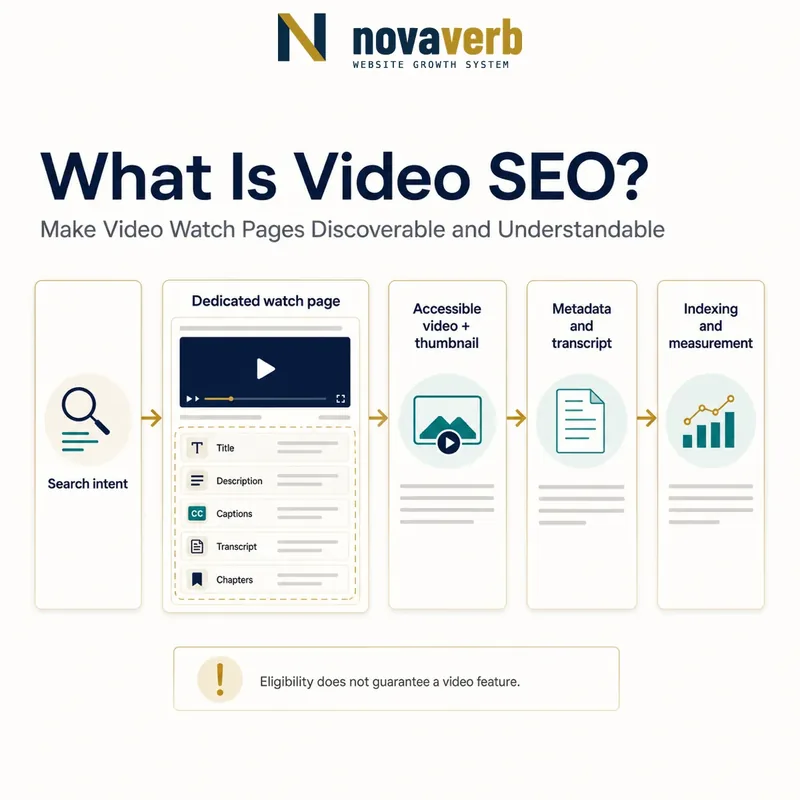 Workflow showing search intent, a dedicated watch page, accessible video, metadata, transcript, indexing and measurement