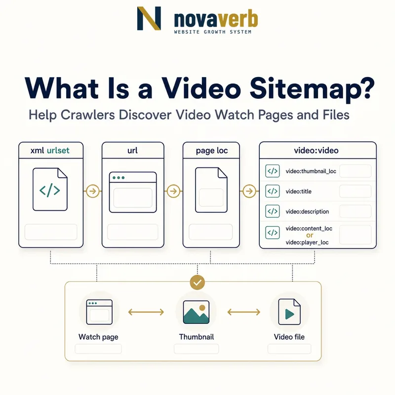 Diagram showing an XML video sitemap connecting a watch page to thumbnail, title, description and video location tags