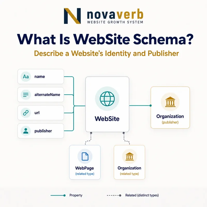 Diagram showing a WebSite connected to its name, alternate name, URL and publishing Organization
