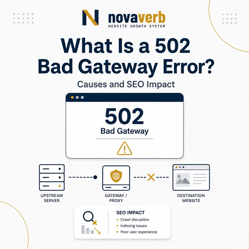 What is a 502 Bad Gateway error graphic showing a failed connection between an upstream server, gateway or proxy, and the destination website