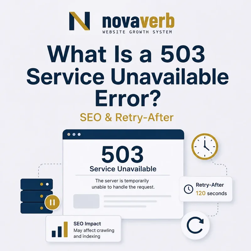 What is a 503 Service Unavailable error graphic showing a temporarily unavailable server, retry-after timing, and SEO impact
