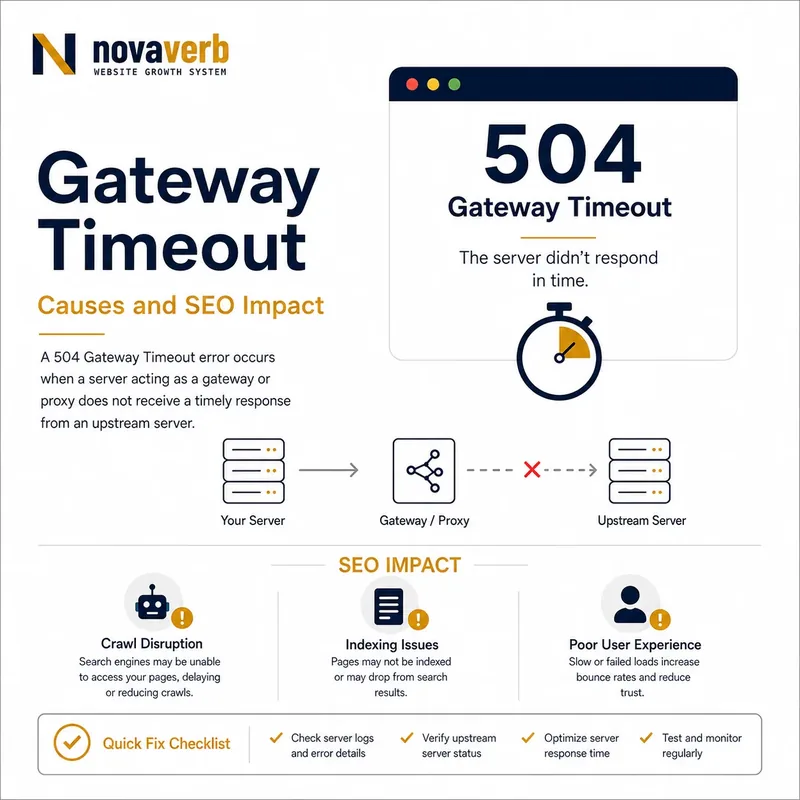 What is a 504 Gateway Timeout graphic showing a gateway or proxy waiting too long for a response from an upstream server