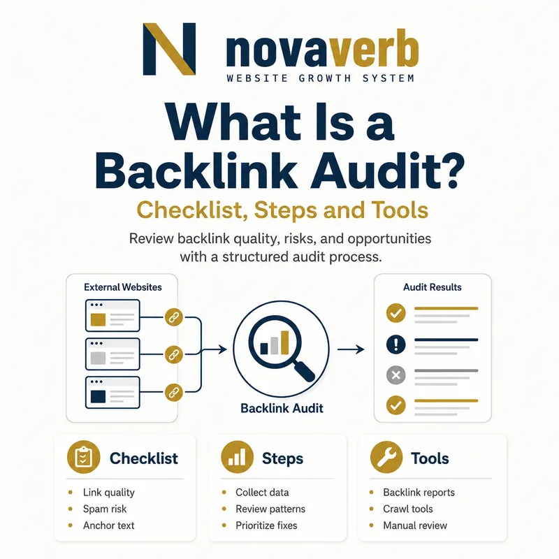 Backlink audit dashboard showing referring pages, anchors, destinations and prioritized evidence-based actions