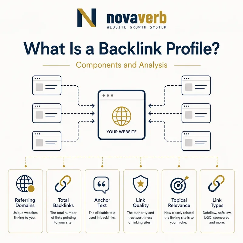 Backlink profile diagram showing referring domains, pages, anchors and link attributes connecting to website destinations