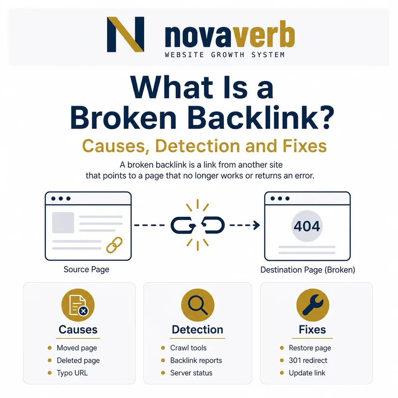 Broken backlink diagram showing an external page linking to a missing destination and a verified repair path
