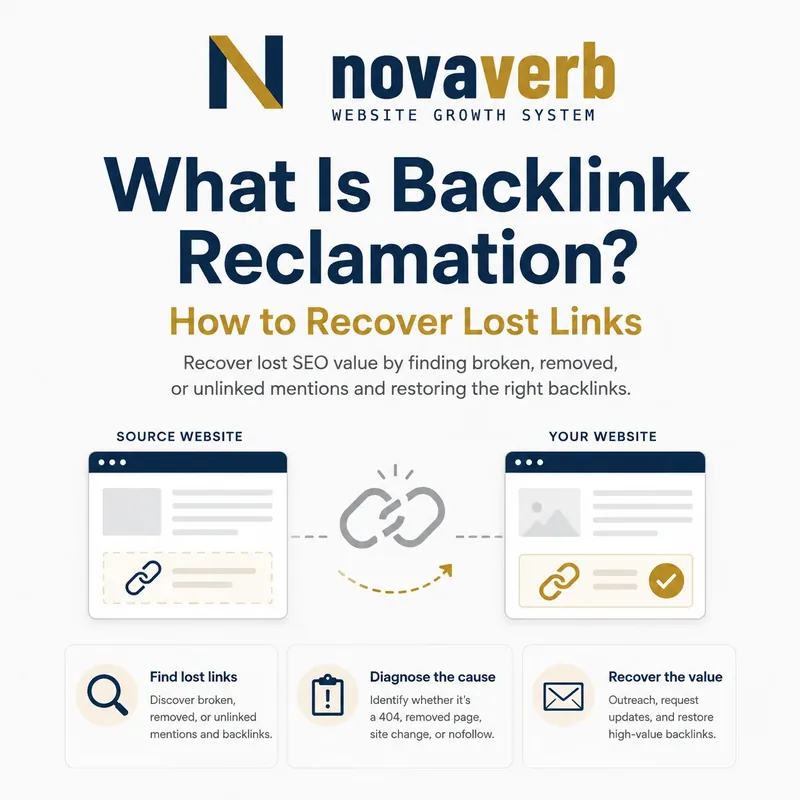 Backlink reclamation workflow showing a broken external link restored to a verified relevant destination
