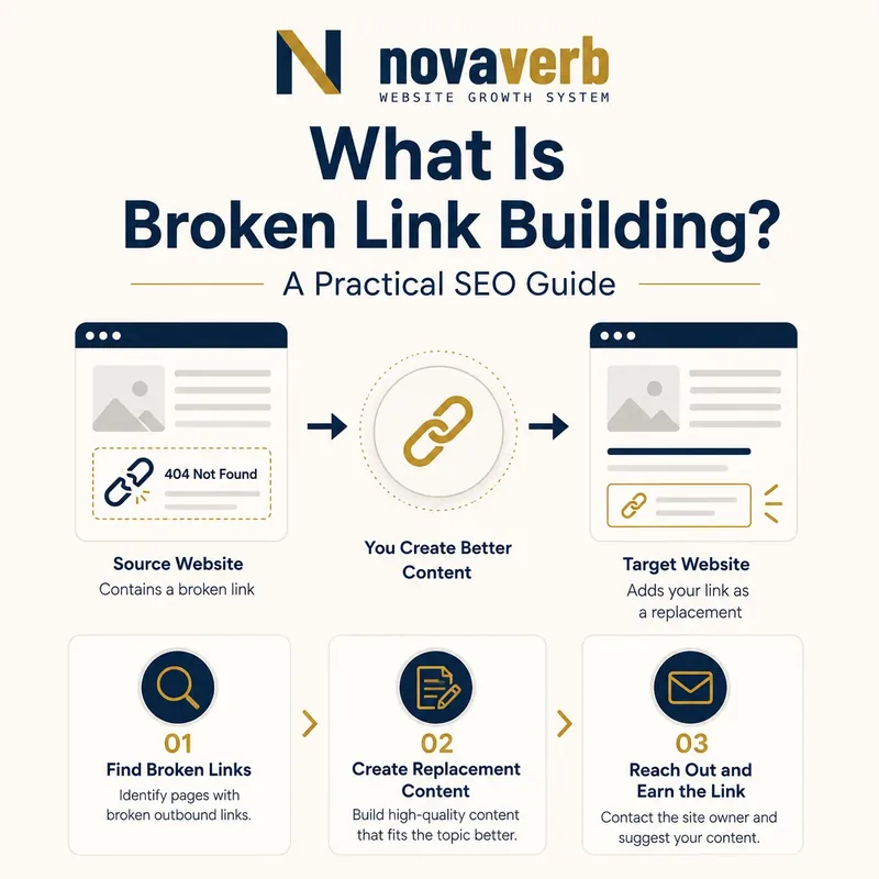 Broken link building workflow showing a relevant dead external link, replacement resource and publisher review