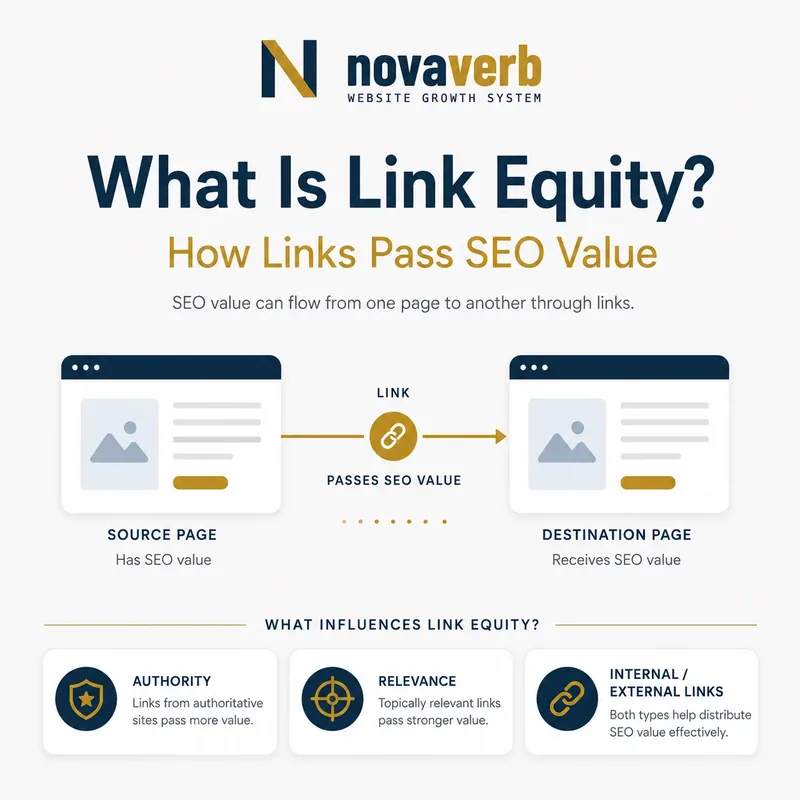 What is link equity graphic showing SEO value passing from a source page to a destination page through a link