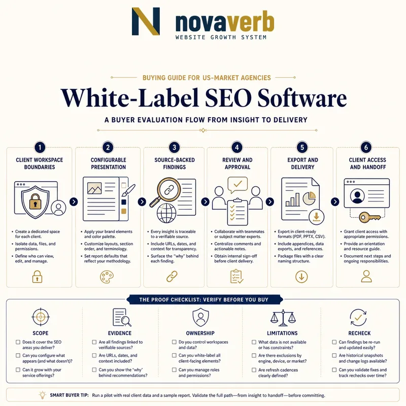 White-label SEO buyer flow covering client workspaces, configurable presentation, source-backed findings, approvals, exports, access and handoff