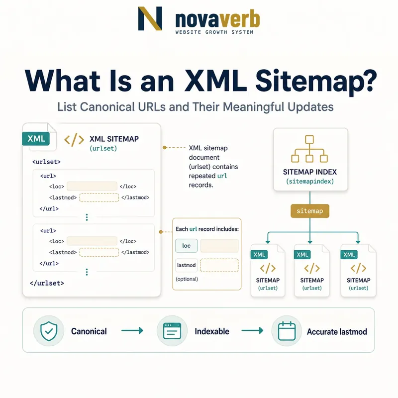 Diagram showing an XML urlset with canonical URL records, optional lastmod values and a sitemap index connecting multiple sitemap files