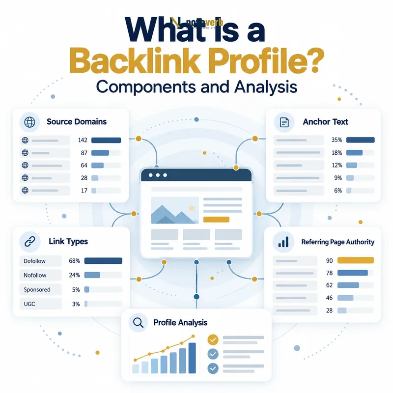 What Is a Backlink Profile? Dashboard showing source domains, anchor text, link types, authority, and analysis