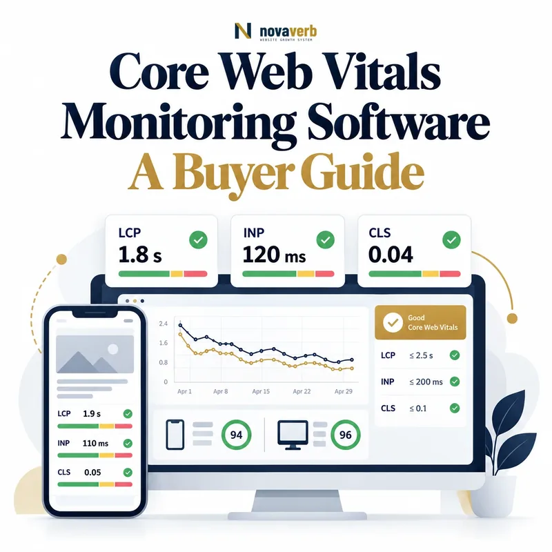 Core Web Vitals monitoring software showing LCP, INP, CLS scores, mobile and desktop comparisons, and passing thresholds