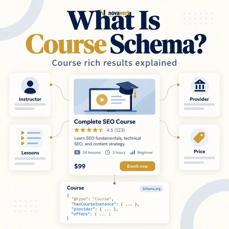 What Is Course Schema? online course, lessons, and structured data diagram