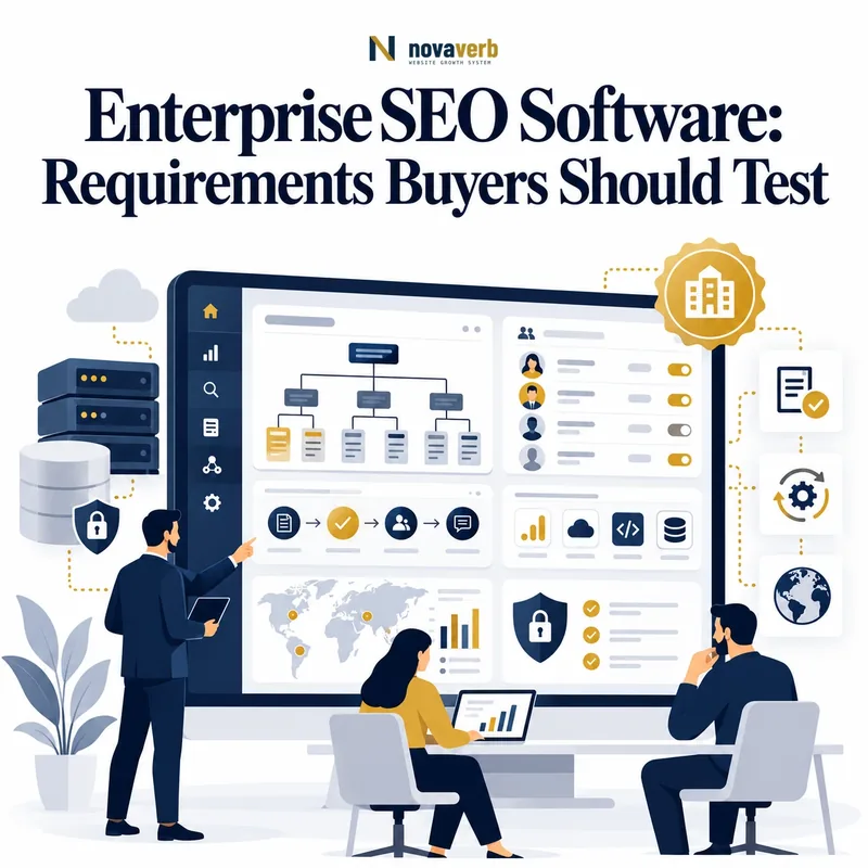 Enterprise SEO software showing site architecture, teams and permissions, workflows, integrations, governance, security, regional reporting, and enterprise readiness
