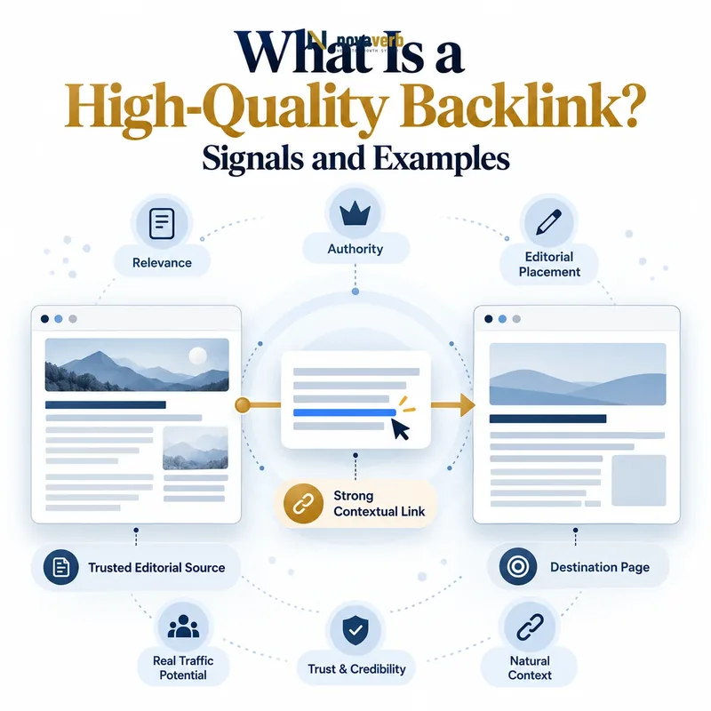 What Is a High-Quality Backlink? Diagram showing relevance, authority, editorial placement, and trust signals