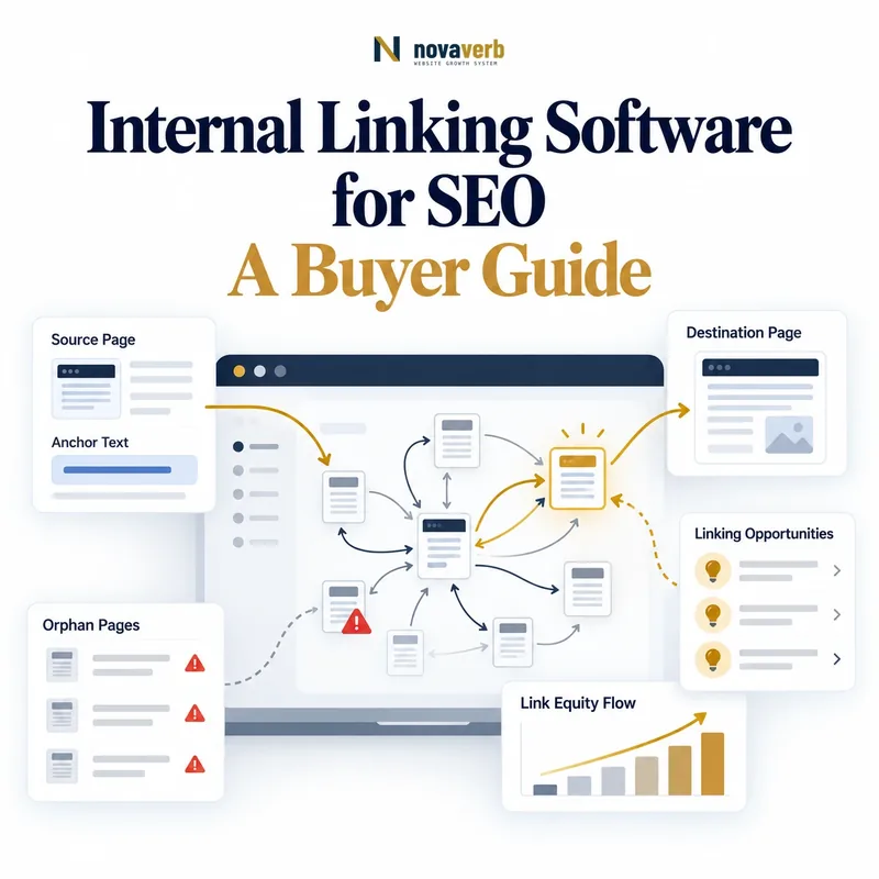Internal linking software showing source and destination pages, anchor text, orphan pages, link equity flow, and linking opportunities