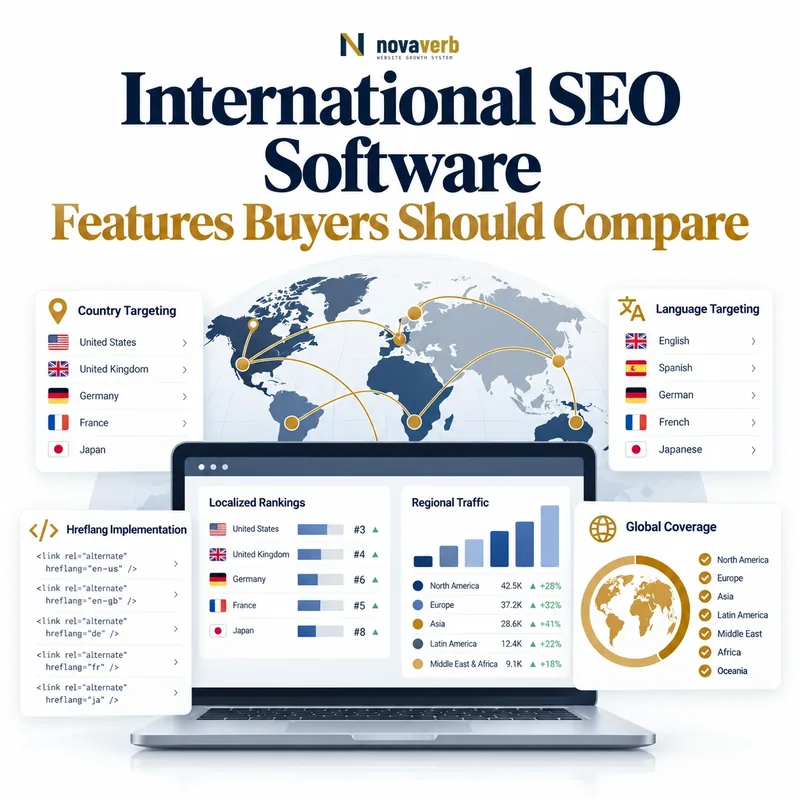 International SEO software showing country and language targeting, hreflang links, localized rankings, regional traffic, and global coverage
