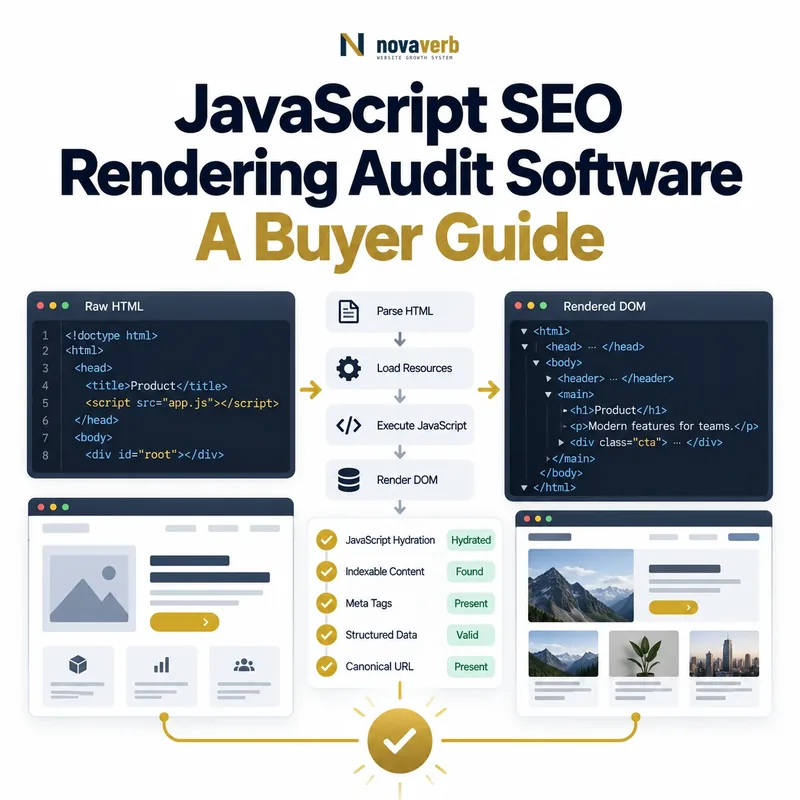 JavaScript SEO rendering audit software comparing raw HTML and rendered DOM with hydration, indexable content, metadata, and structured data checks