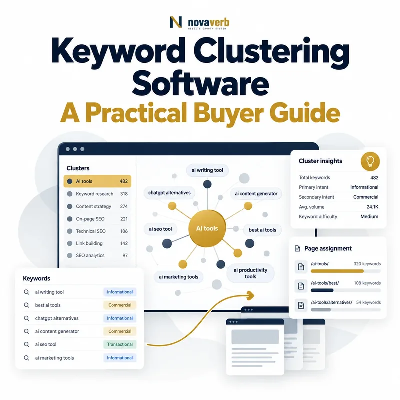 Keyword clustering software grouping search terms by topic and intent with semantic relationships, cluster sizes, page assignments, and coverage insights