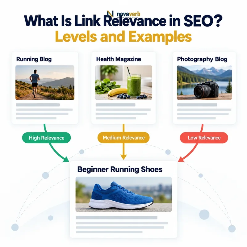 What Is Link Relevance in SEO? Diagram showing high, medium, and low relevance sources linking to a target page