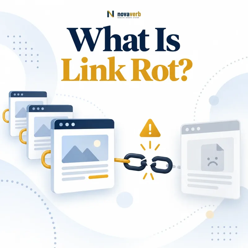 What Is Link Rot? SEO diagram showing broken links between webpages and an unavailable destination