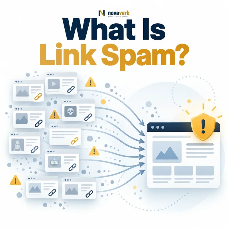 What Is Link Spam? SEO diagram showing many low-quality links pointing to a page with a warning