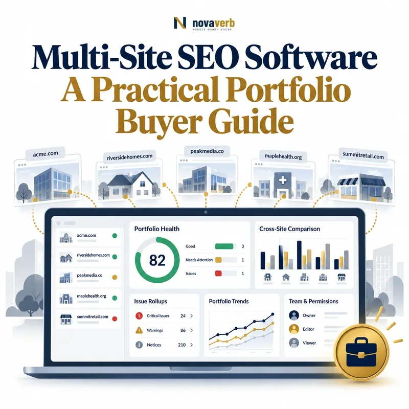 Multi-site SEO software showing multiple domains, aggregate health, cross-site comparisons, issue rollups, permissions, and portfolio trends
