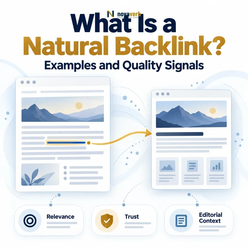 What Is a Natural Backlink? Diagram showing an organic editorial link with relevance, trust, and context signals