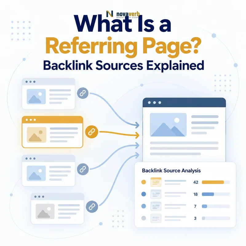 What Is a Referring Page? Diagram showing backlink source pages pointing to a destination page