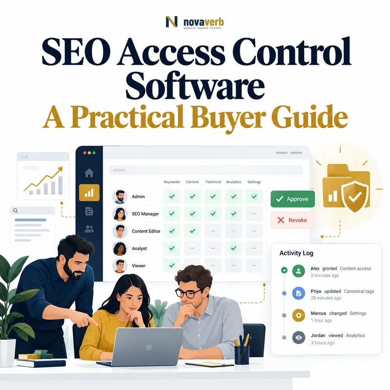 SEO access control software permissions matrix showing team roles, approvals, revocations, and activity logs