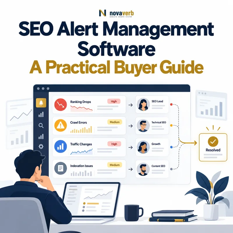 SEO alert management software showing ranking drops, crawl errors, traffic changes, indexation issues, routing, and resolution