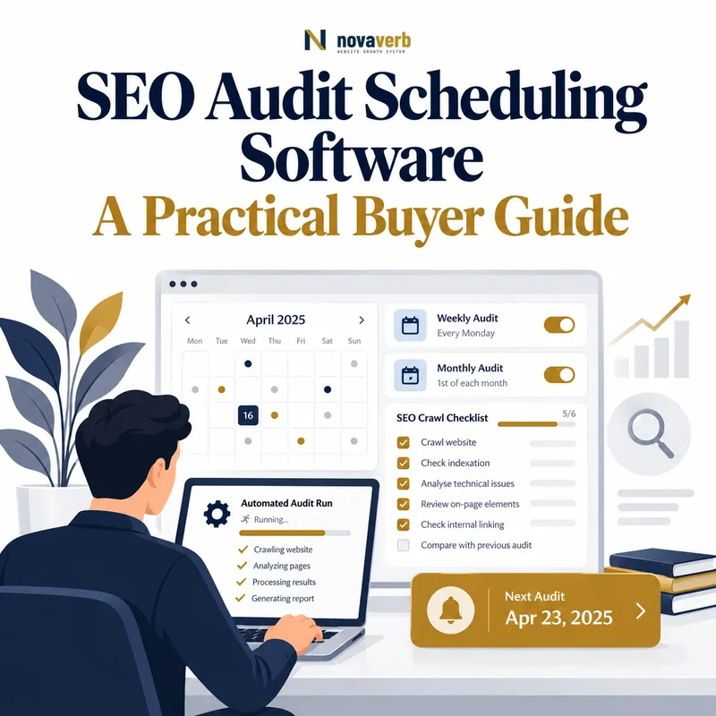 SEO audit scheduling software calendar showing recurring audits, crawl checklists, automated runs, and next-audit reminders
